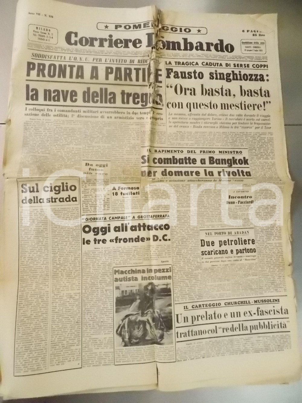 Giornale, rivista storica 1951 CORRIERE LOMBARDO  CICLISMO  Morte di Serse Coppi  Giornale DANNEGGIATO 1