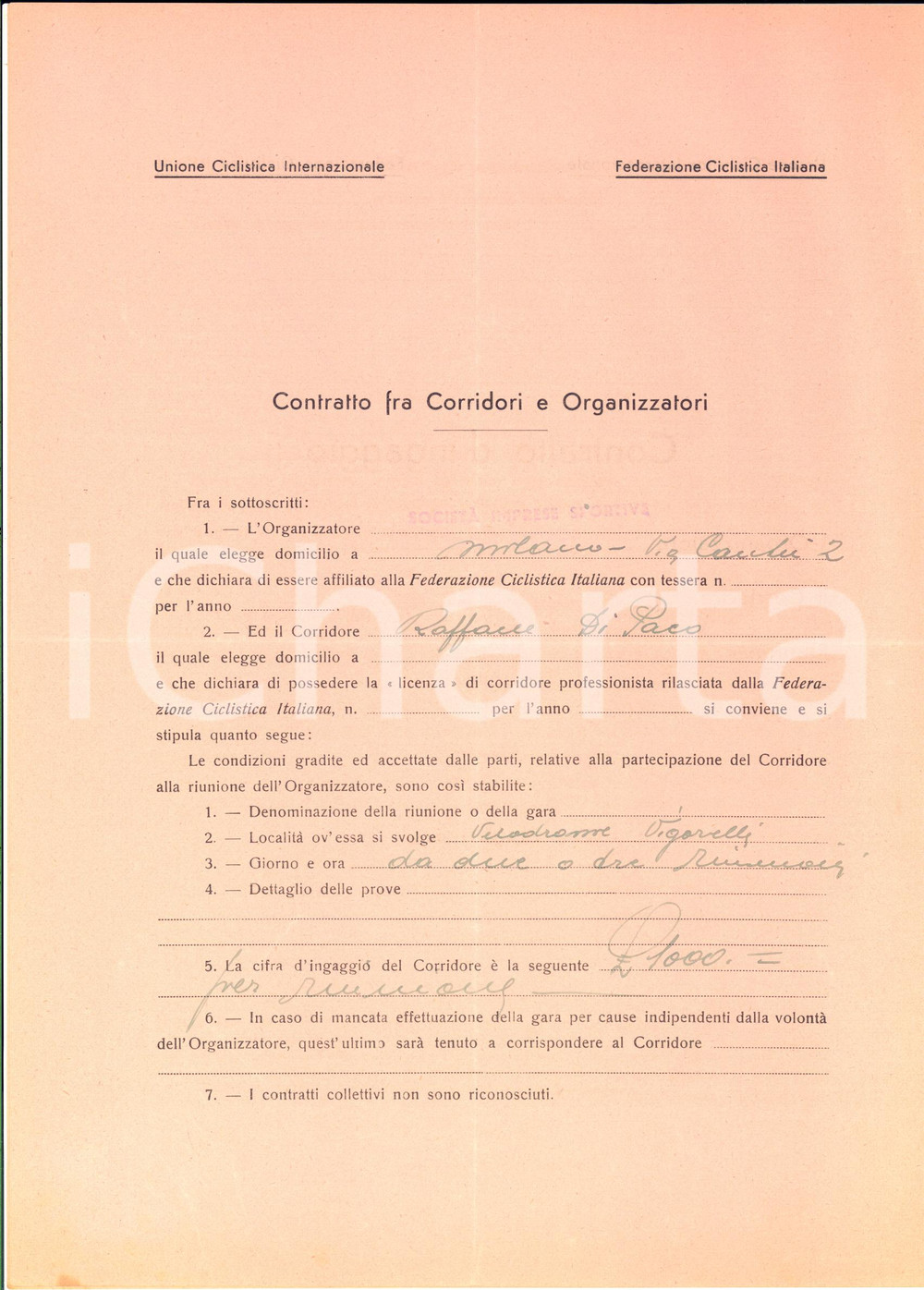 Autografo originale 1938 ? CICLISMO MILANO VIGORELLI  Ingaggio Raffaele DI PACO  Autografo 1