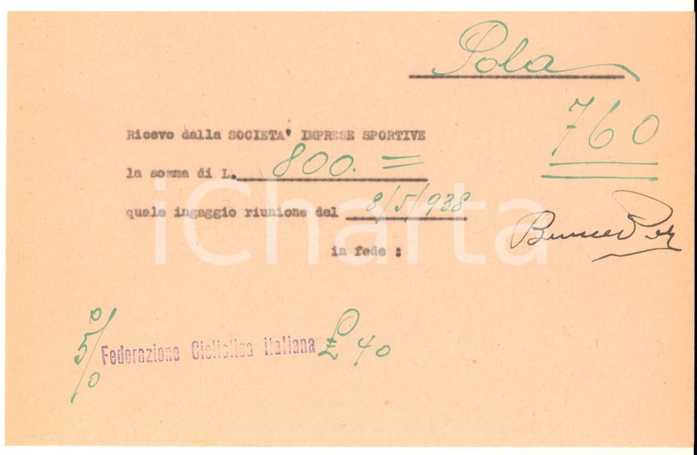 Autografo originale 1938 CICLISMO MILANO VIGORELLI  Ricevuta ingaggio Benedetto POLA  Autografo 1