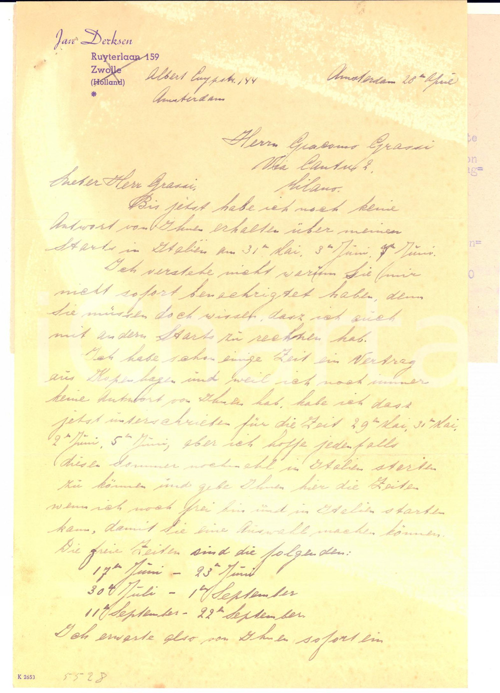 Autografo originale 1942 CICLISMO AMSTERDAM Lettera Jan DERKSEN per ingaggio in Italia  Autografo 1