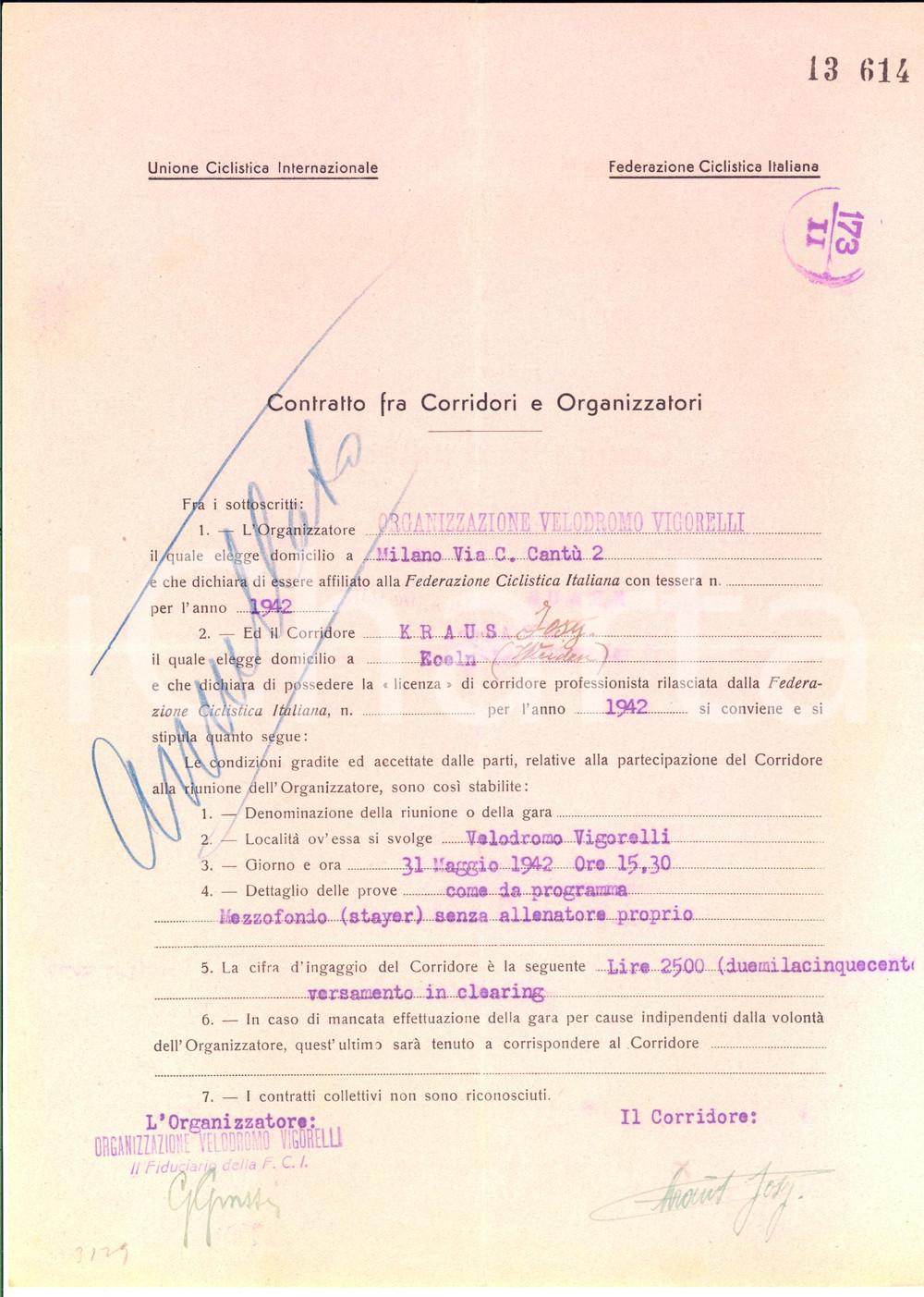 Autografo originale 1942 CICLISMO MILANO VIGORELLI  Contratto corridore Josy KRAUS  Autografo 1