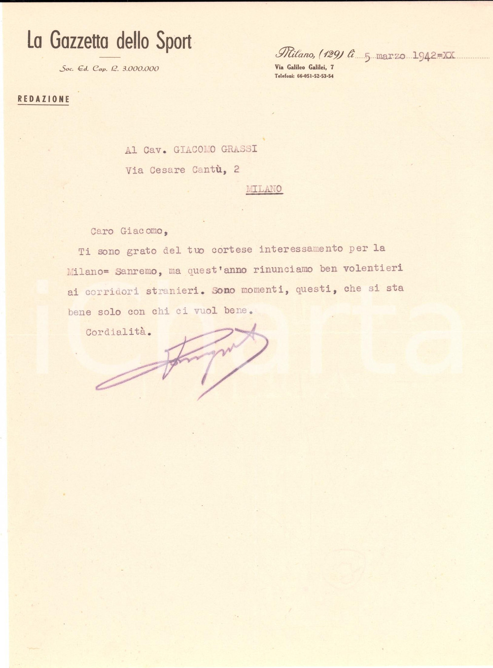 Manoscritto, lettera originale 1942 CICLISMO LA GAZZETTA DELLO SPORT Lettera su corsa MilanoSanremo in guerra 1