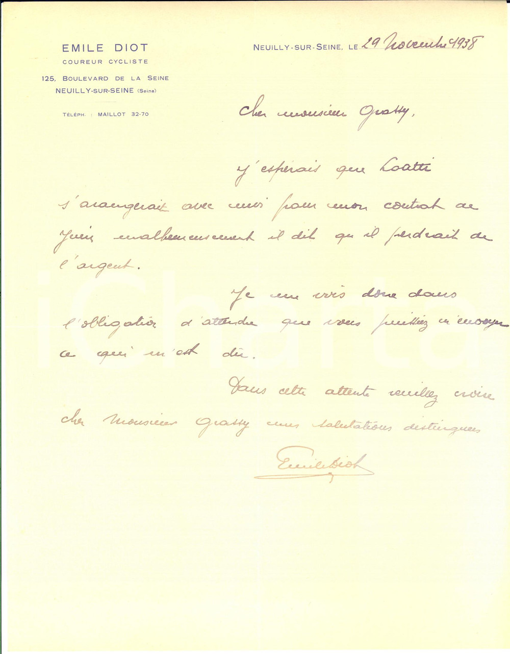 Autografo originale 1938 CICLISMO NEUILLYSURSEINE Lettera Emile DIOT per contratto  AUTOGRAFO 1