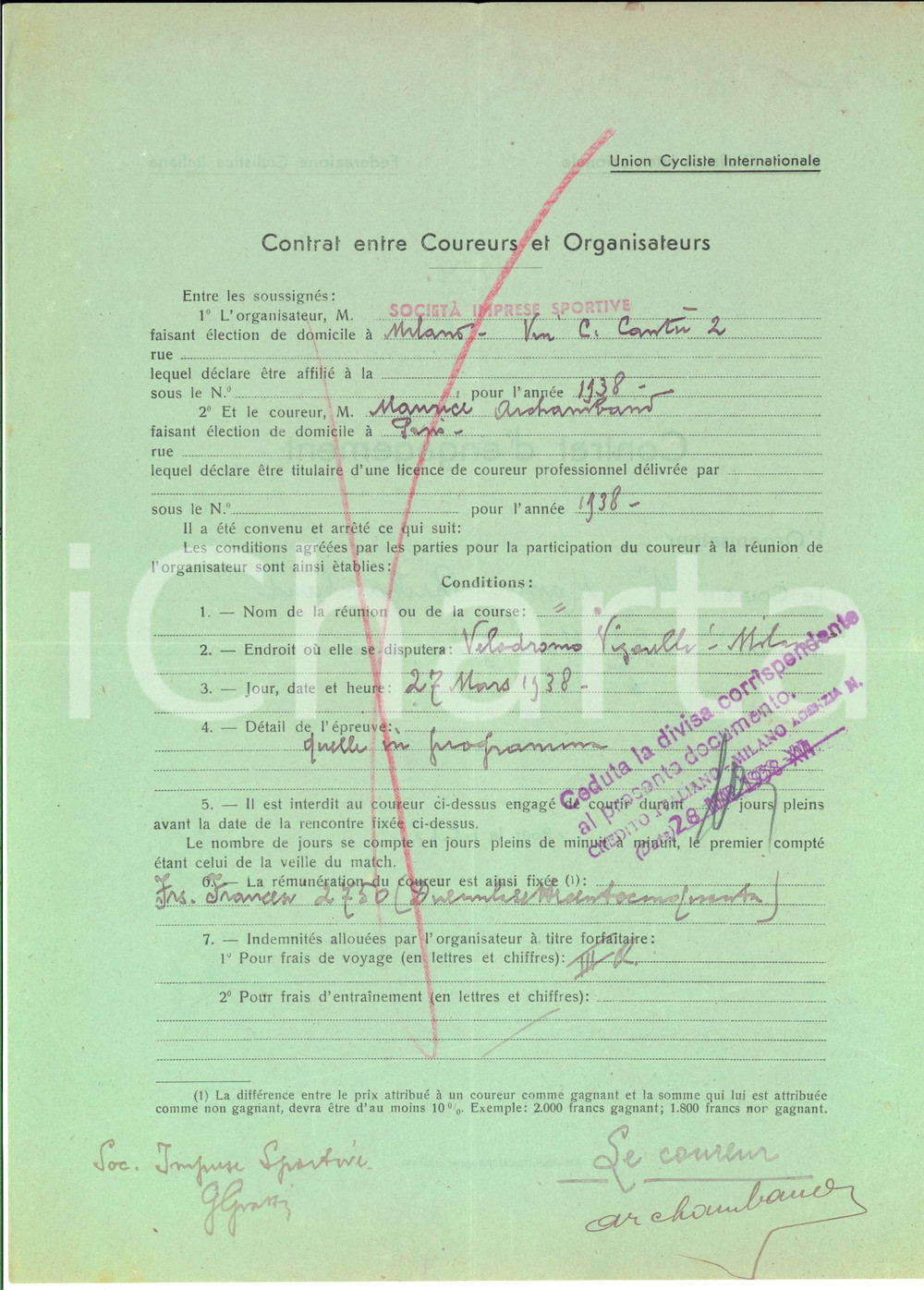 Autografo originale 1938 CICLISMO MILANO VIGORELLI Contratto ingaggio Maurice ARCHAMBAUD  Autografo 1
