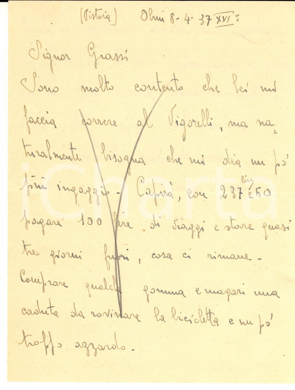 Autografo originale 1937 CICLISMO OLMI PT Bianco BIANCHI su ingaggio al Vigorelli  AUTOGRAFO 1