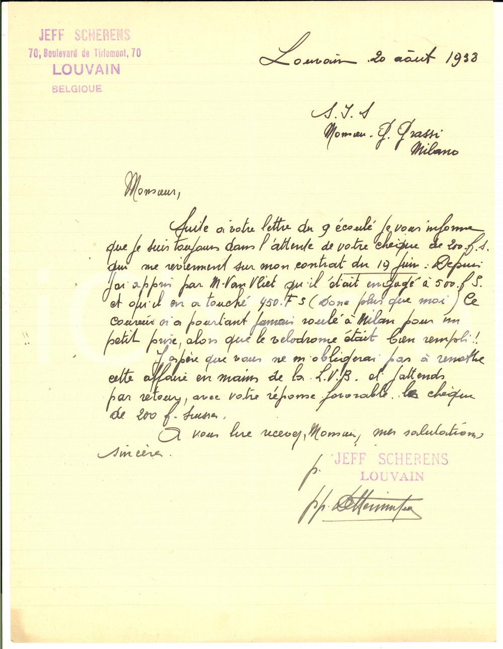 Manoscritto, lettera originale 1938 CICLISMO LOUVAIN Lettera procuratore di Jef SCHERENS per saldo gara 1