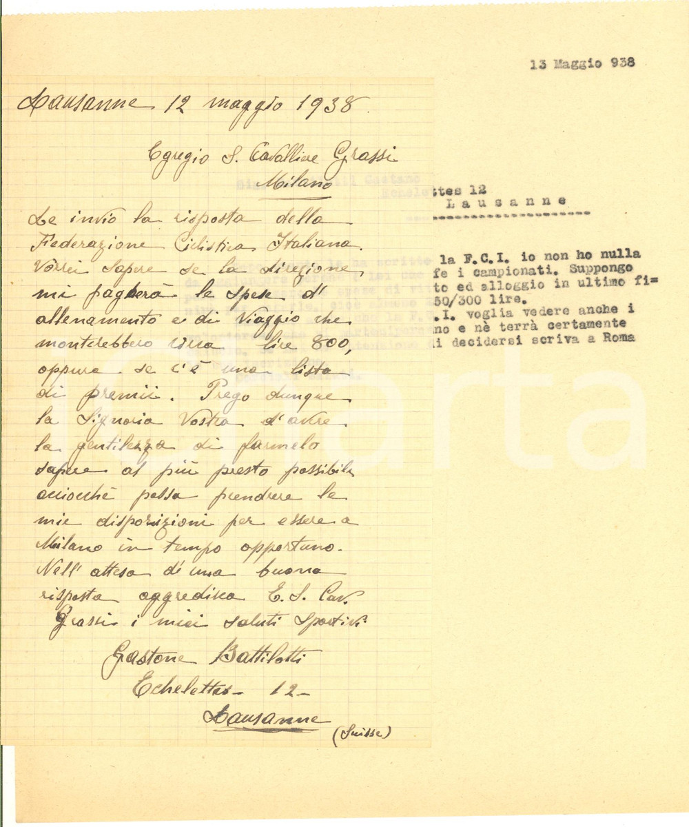 Autografo originale 1938 CICLISMO LAUSANNE Lettera Gastone BATTILOTTI per saldo spese  AUTOGRAFO 1