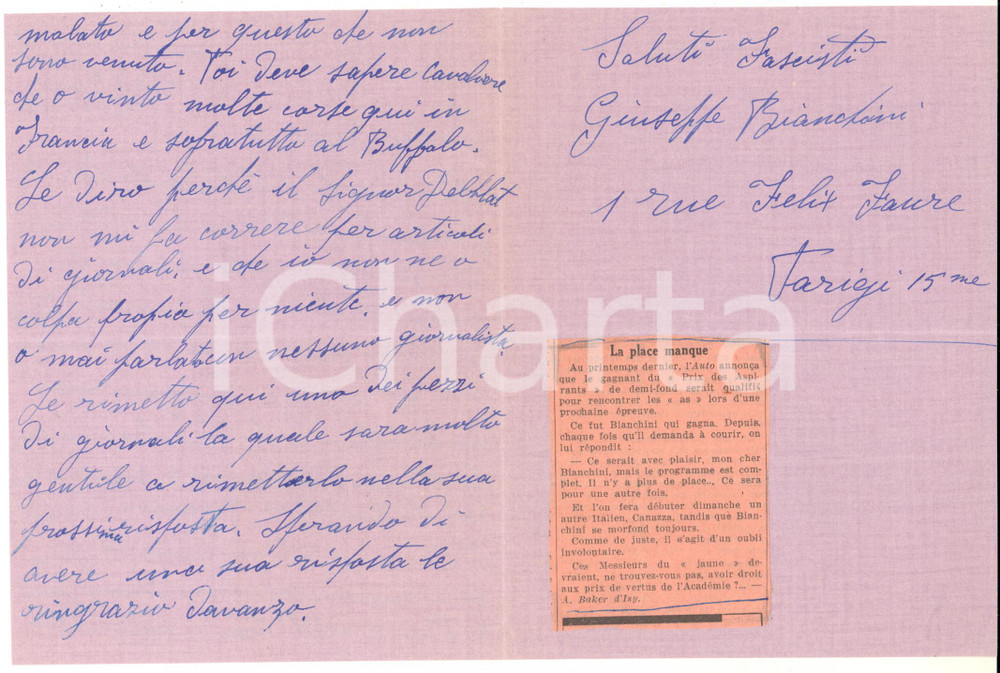 Autografo originale 1938 CICLISMO PARIS Giuseppe BIANCHINI per campionati mezzofondo  AUTOGRAFO 1