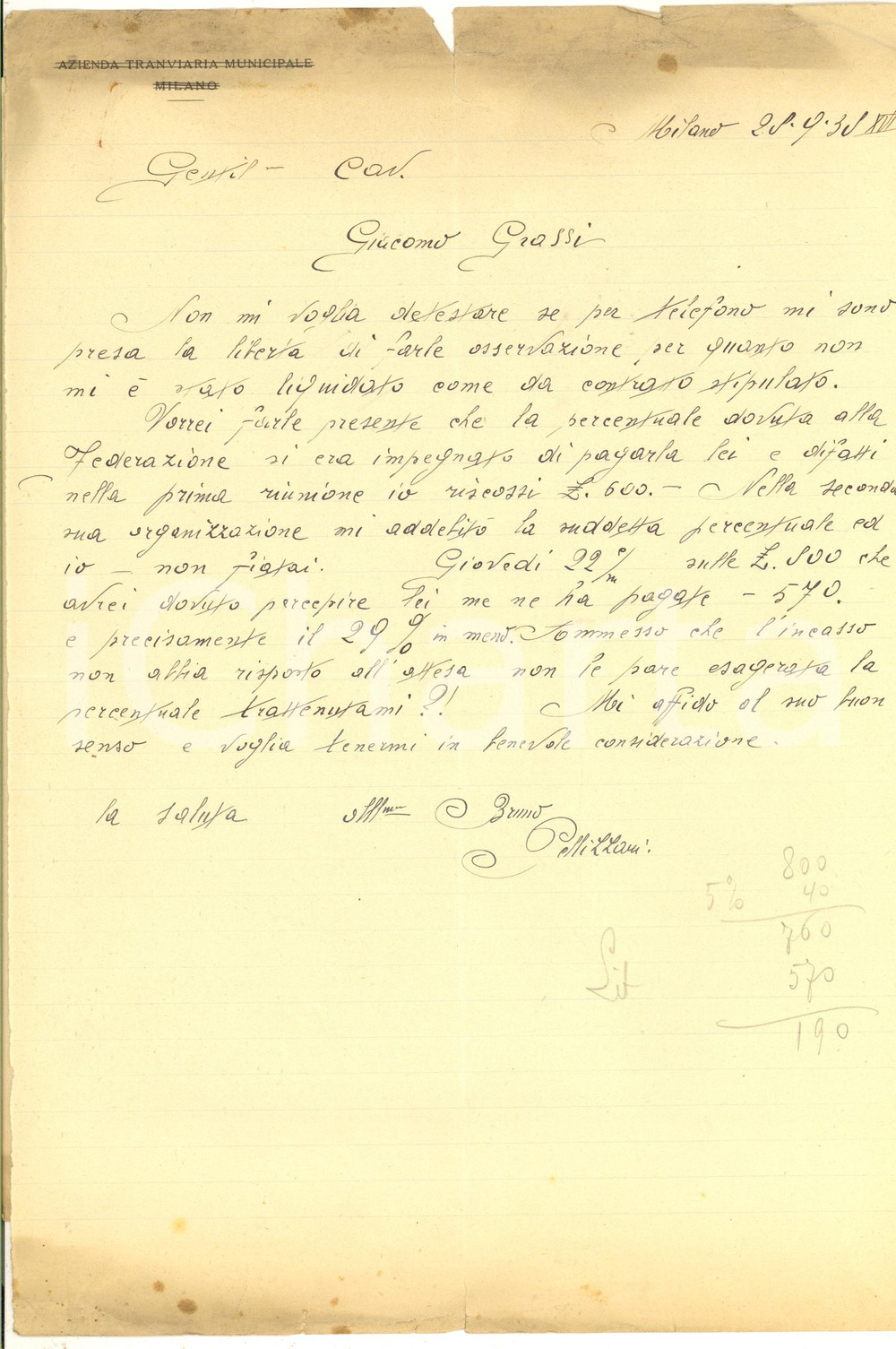 Autografo originale 1938 CICLISMO MILANO Lettera Bruno PELLIZZARI per saldo gare  AUTOGRAFO 1