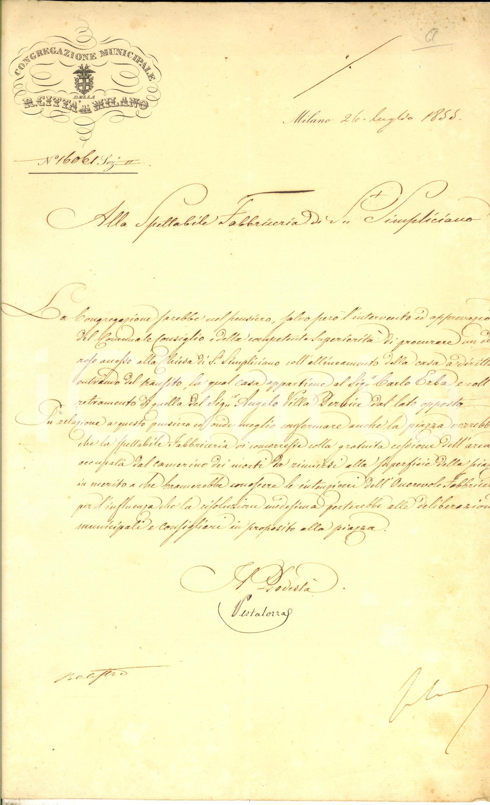 Documento originale, autentico 1855 MILANO Chiesa SAN SIMPLICIANO  Lettera podestÃ  per lavori nuovo accesso 1
