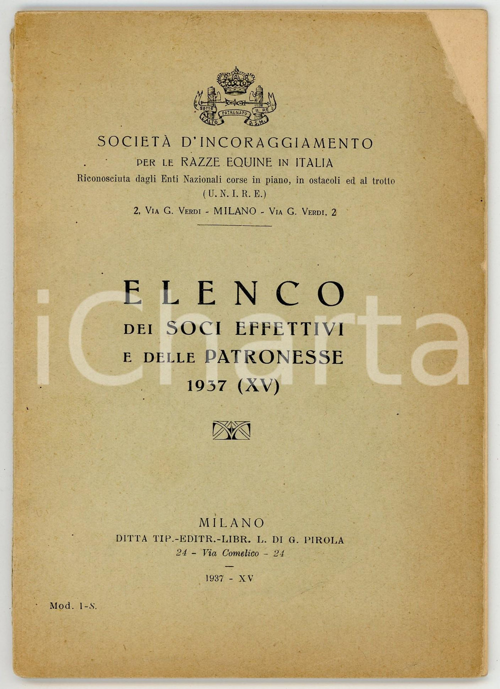 Libro, pubblicazione d epoca 1937 SOCIETA  DI INCORAGGIAMENTO RAZZE EQUINE Elenco dei soci e delle patronesse 1
