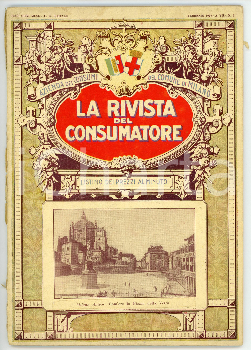 Giornale, rivista storica 1929 COMUNE DI MILANO La rivista del consumatore  Listino prezzi Anno VII n° 2 1