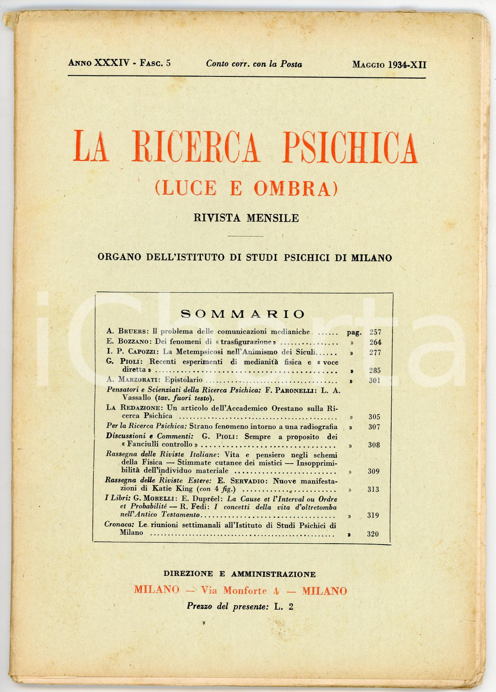 Giornale, rivista storica 1934 LA RICERCA PSICHICA Dei fenomeni di trasfigurazione Anno XXXIV Fasc. 5 1