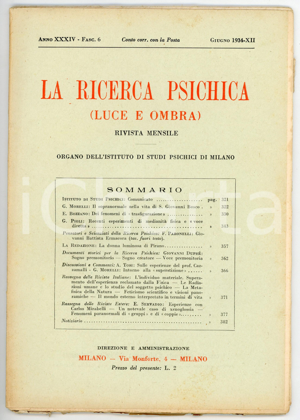 Giornale, rivista storica 1934 LA RICERCA PSICHICA Sopranormale nella vita di San Giovanni Bosco Fasc. 6 1