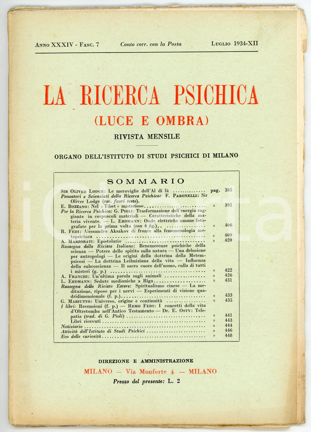 Giornale, rivista storica 1934 LA RICERCA PSICHICA Le meraviglie dell aldilÃ  Anno XXXIV  Fasc. 7 1