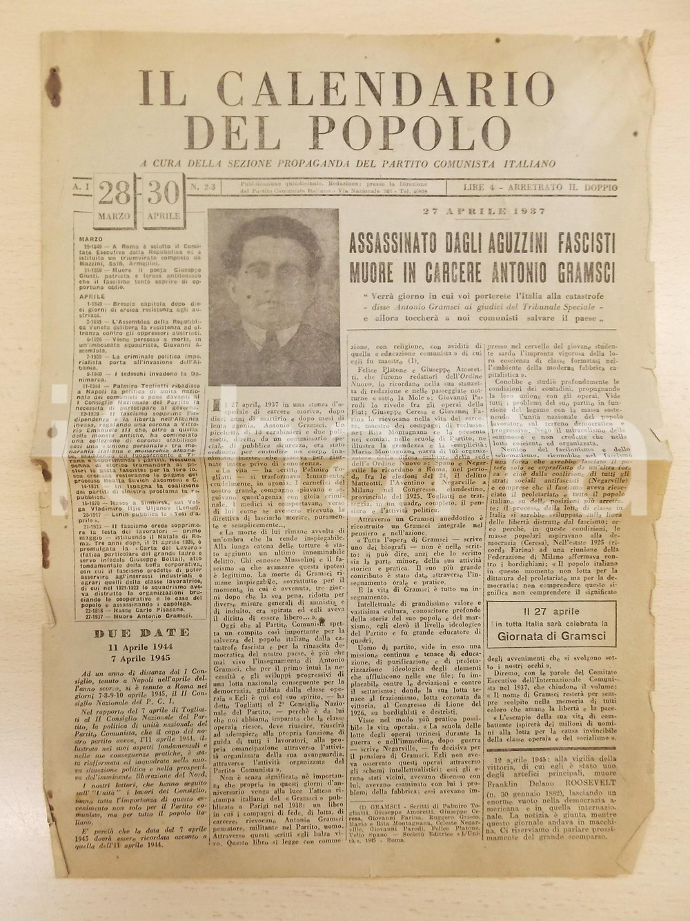 Giornale, rivista storica 1945 IL CALENDARIO DEL POPOLO Antonio Gramsci assassinato da aguzzini fascisti 1