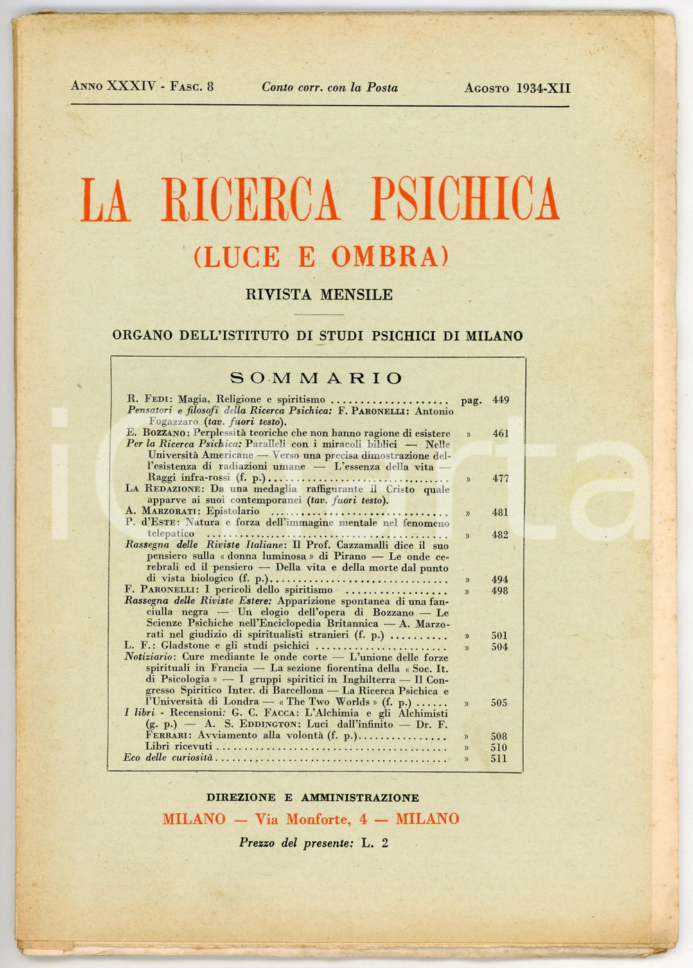 Giornale, rivista storica 1934 LA RICERCA PSICHICA Magia, religione e spiritismo Anno XXXIV  Fasc. 8 1