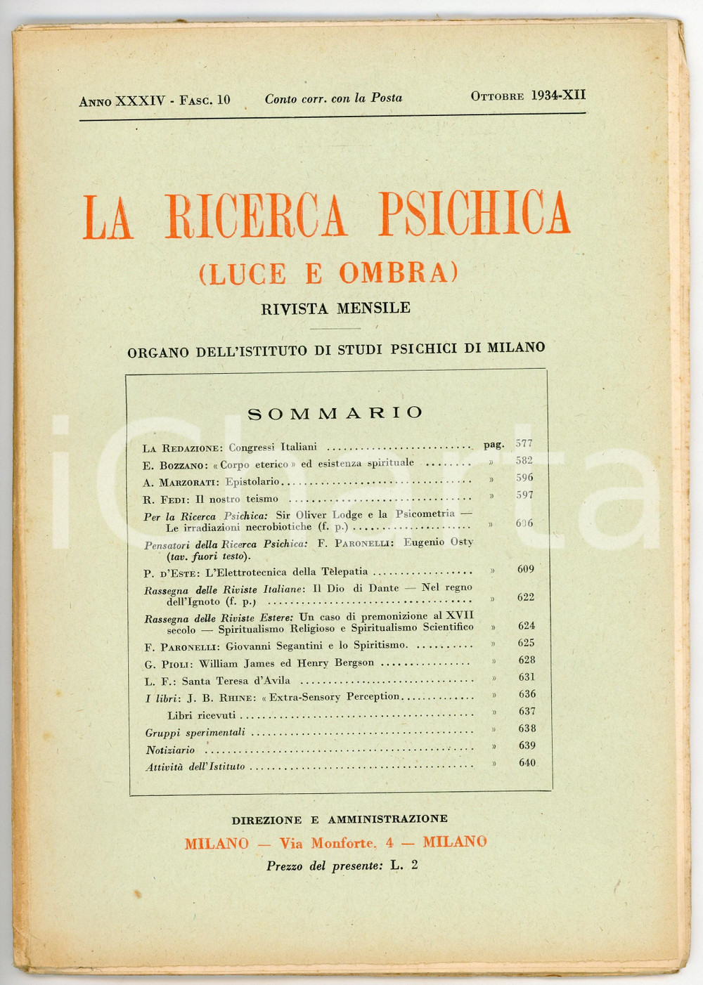 Giornale, rivista storica 1934 LA RICERCA PSICHICA Sir Oliver Lodge e la psicometria Anno XXXIV Fasc. 10 1