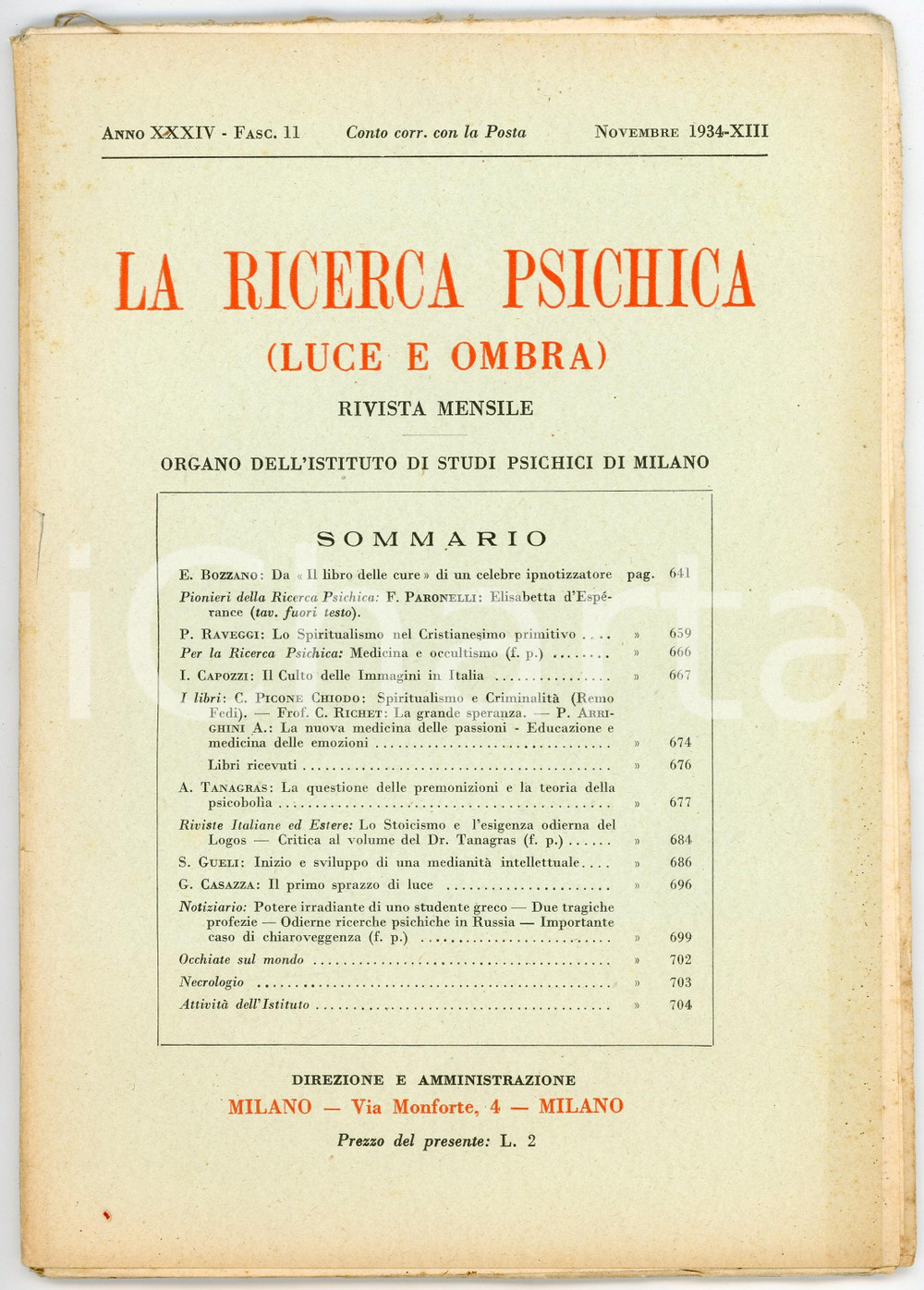 Giornale, rivista storica 1934 LA RICERCA PSICHICA Lo spiritualismo nel cristianesimo Anno XXXIV Fasc. 11 1