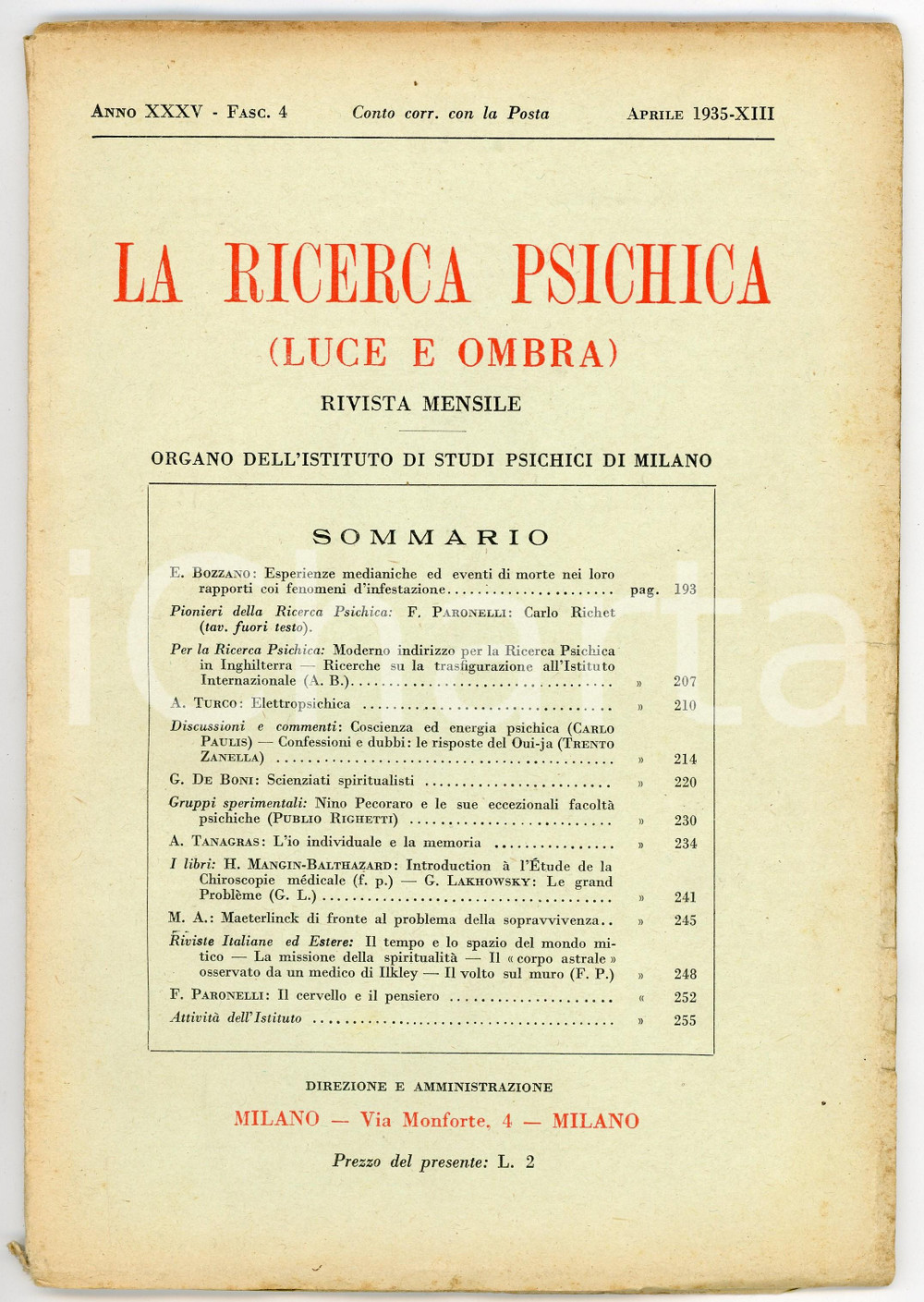 Giornale, rivista storica 1935 LA RICERCA PSICHICA Nino Pecoraro e le sue facoltÃ  psichiche Fasc. 4 1