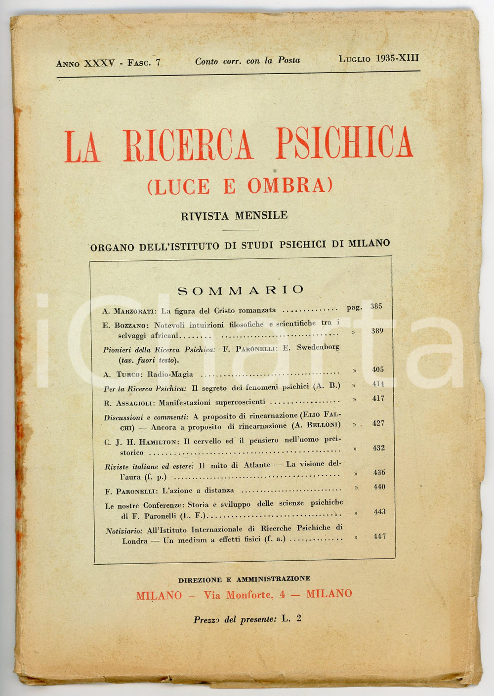 Giornale, rivista storica 1935 LA RICERCA PSICHICA La figura del Cristo romanzata Anno XXXV  Fasc. 7 1