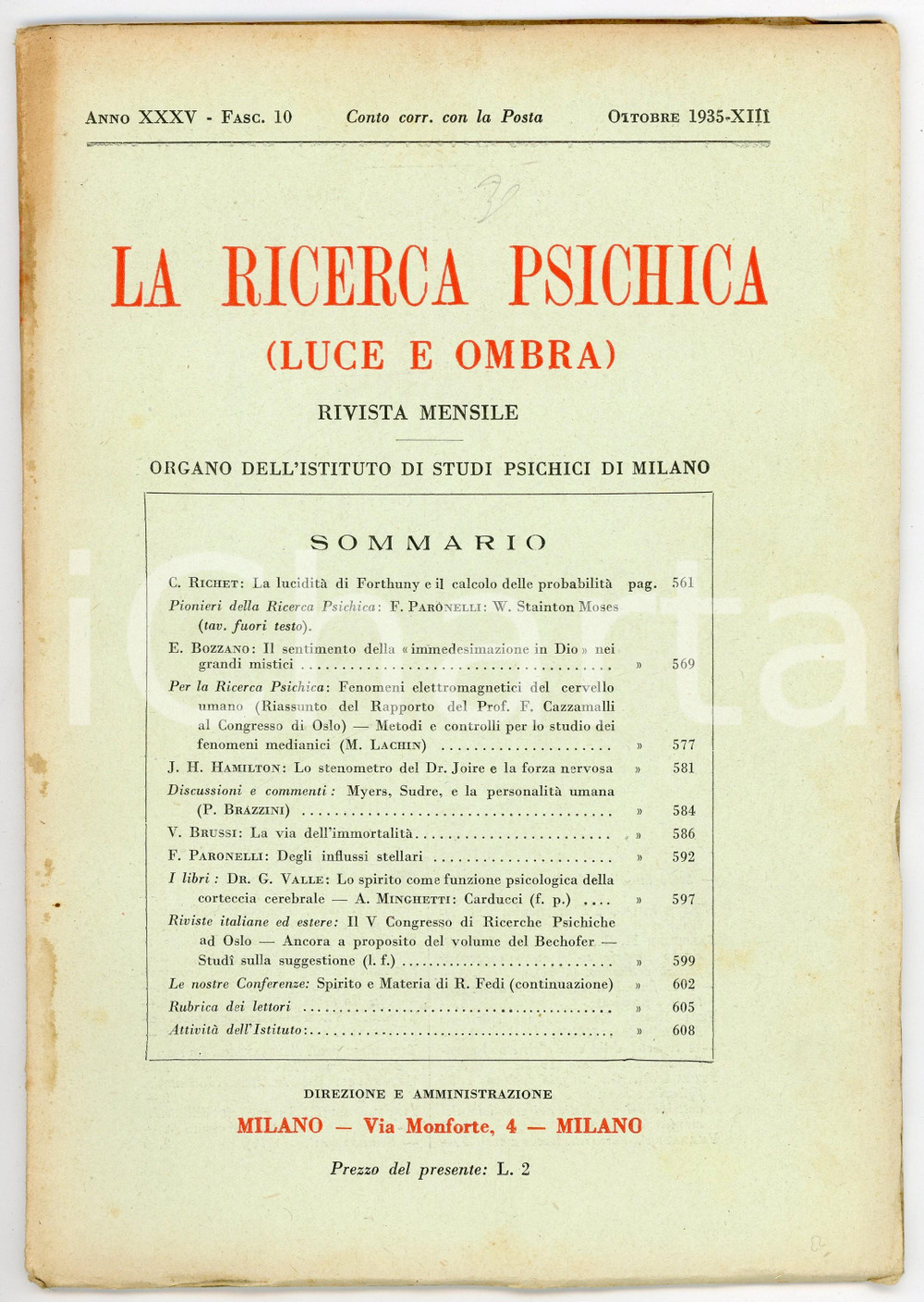Giornale, rivista storica 1935 LA RICERCA PSICHICA Lo stenometro del dottor Joire Anno XXXV  Fasc. 10 1