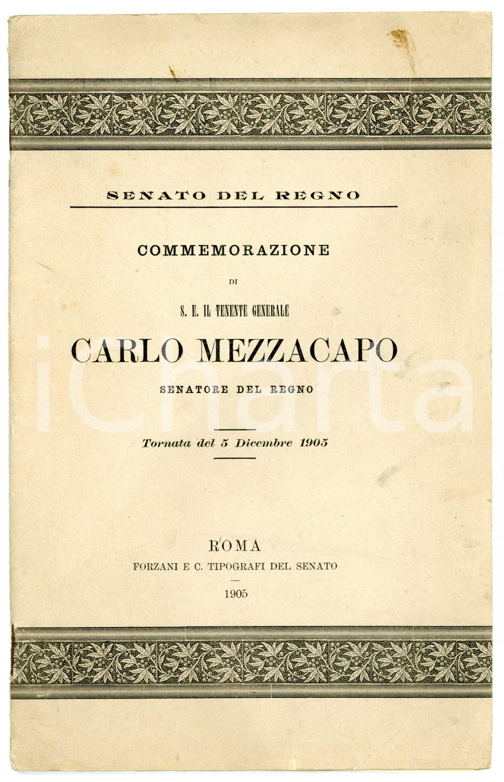 Libro, pubblicazione d epoca 1905 SENATO DEL REGNO Commemorazione S. E. il tenente generale Carlo MEZZACAPO 1