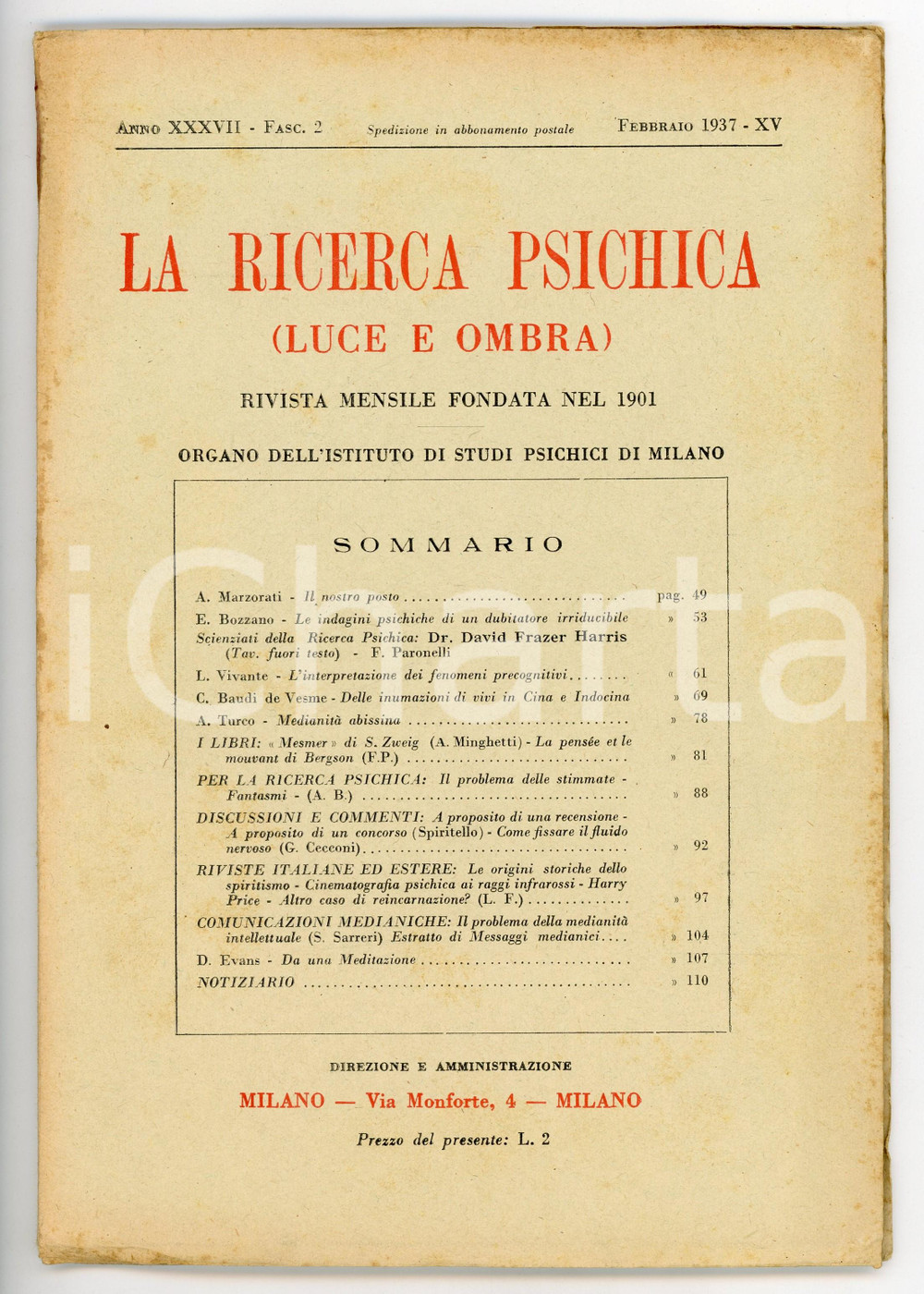 Giornale, rivista storica 1937 LA RICERCA PSICHICA Il problema delle stimmate Rivista Anno XXXVII Fasc. 2 1