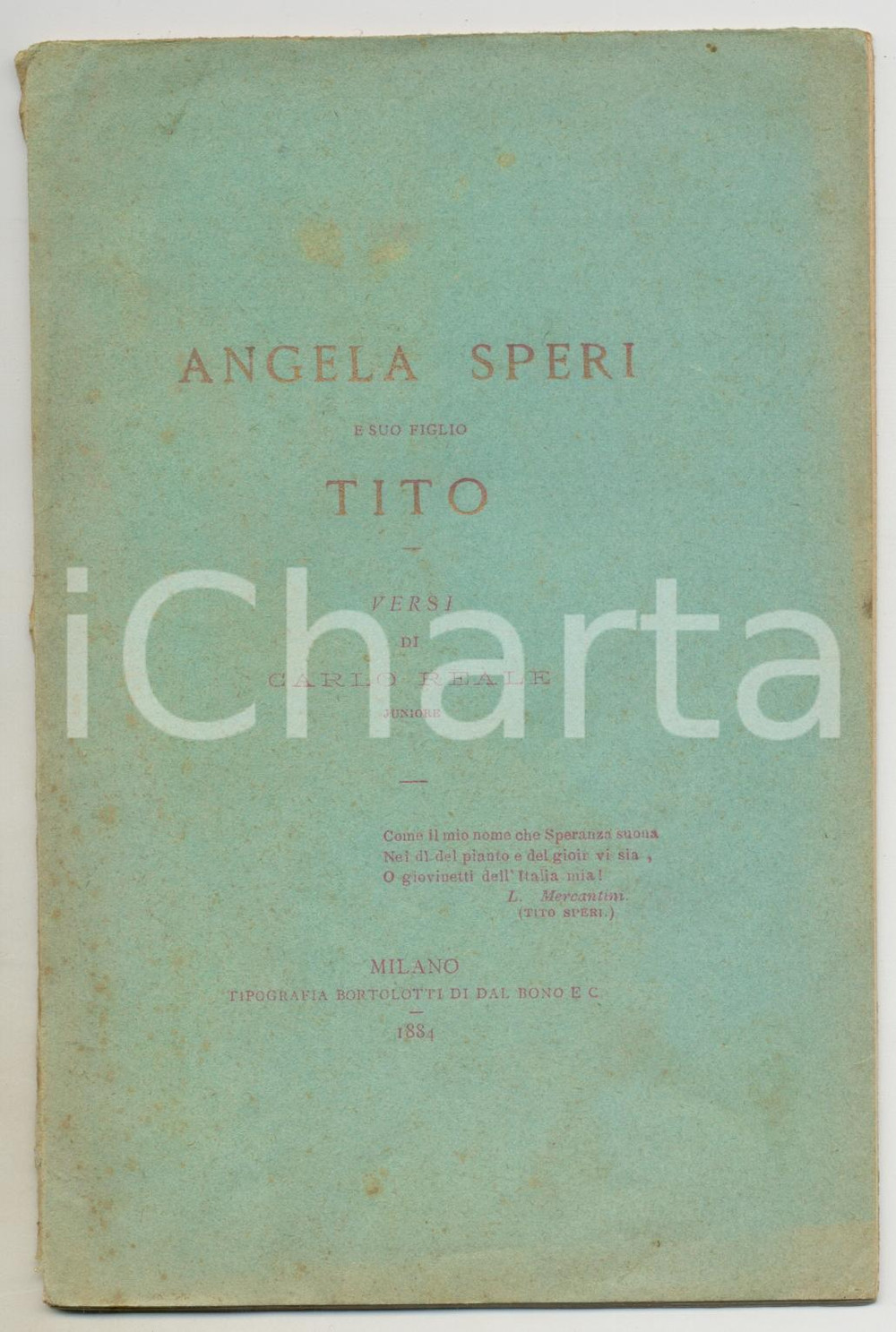 Libro, pubblicazione d epoca 1884 Carlo REALE Versi in memoria di Angela TORTIMA e suo figlio Tito SPERI 1