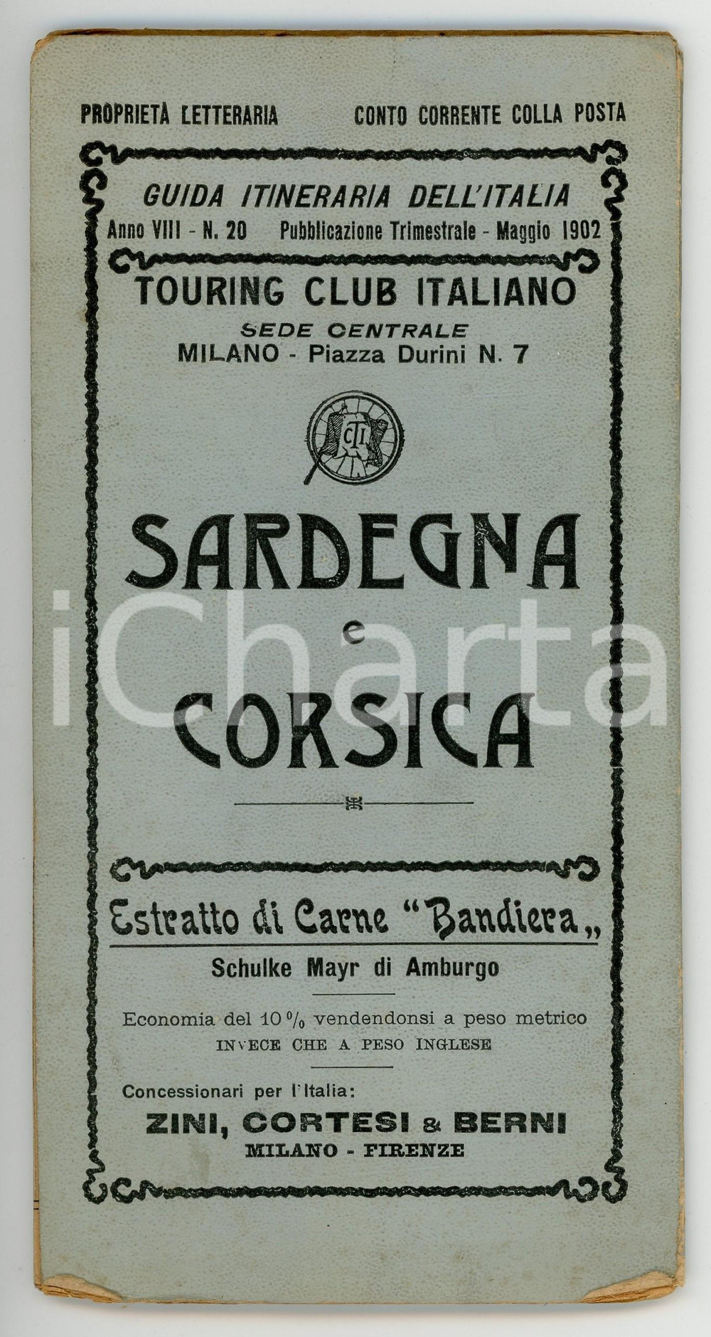Libro, pubblicazione d epoca 1902 TOURING CLUB ITALIANO Sardegna e Corsica / Mappa Anno VIII  NÂ° 20 1
