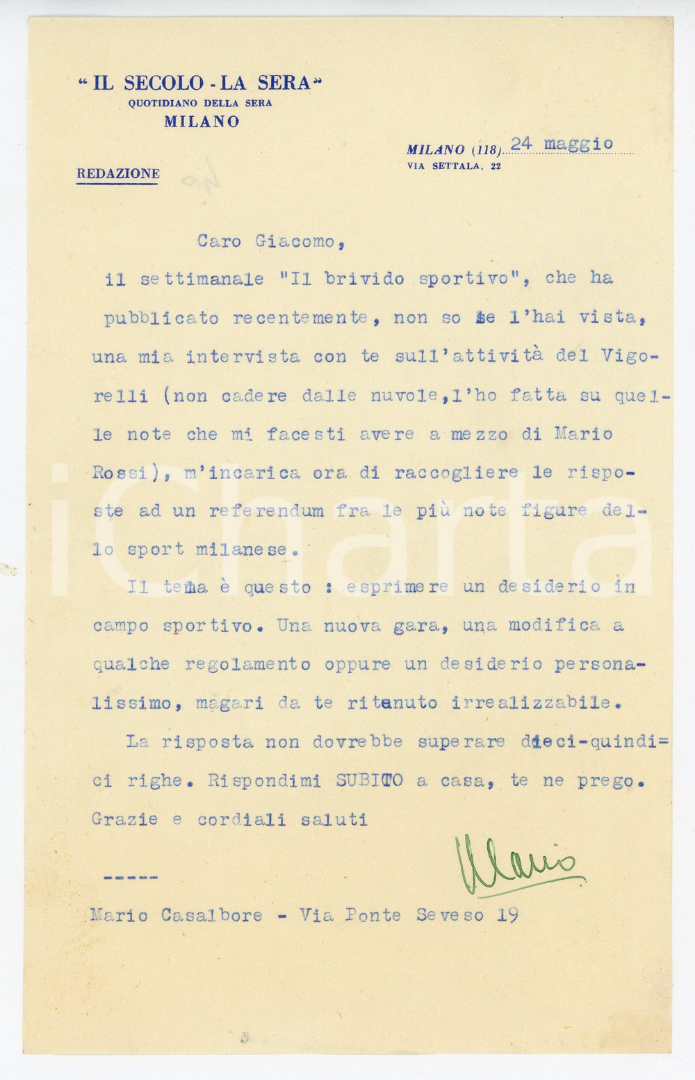 Autografo originale 1940 ca IL SECOLO  LA SERA Mario CASALBORE per referendum sportivo  Autografo 1