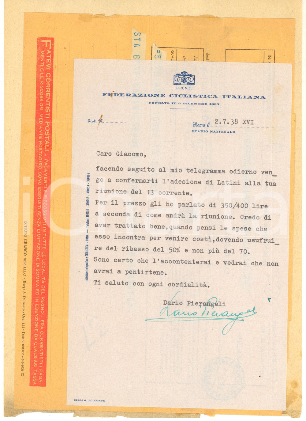 Autografo originale 1938 ROMA CICLISMO Lettera Dario PIETRANGELI per ingaggio LATINI  Autografo 1