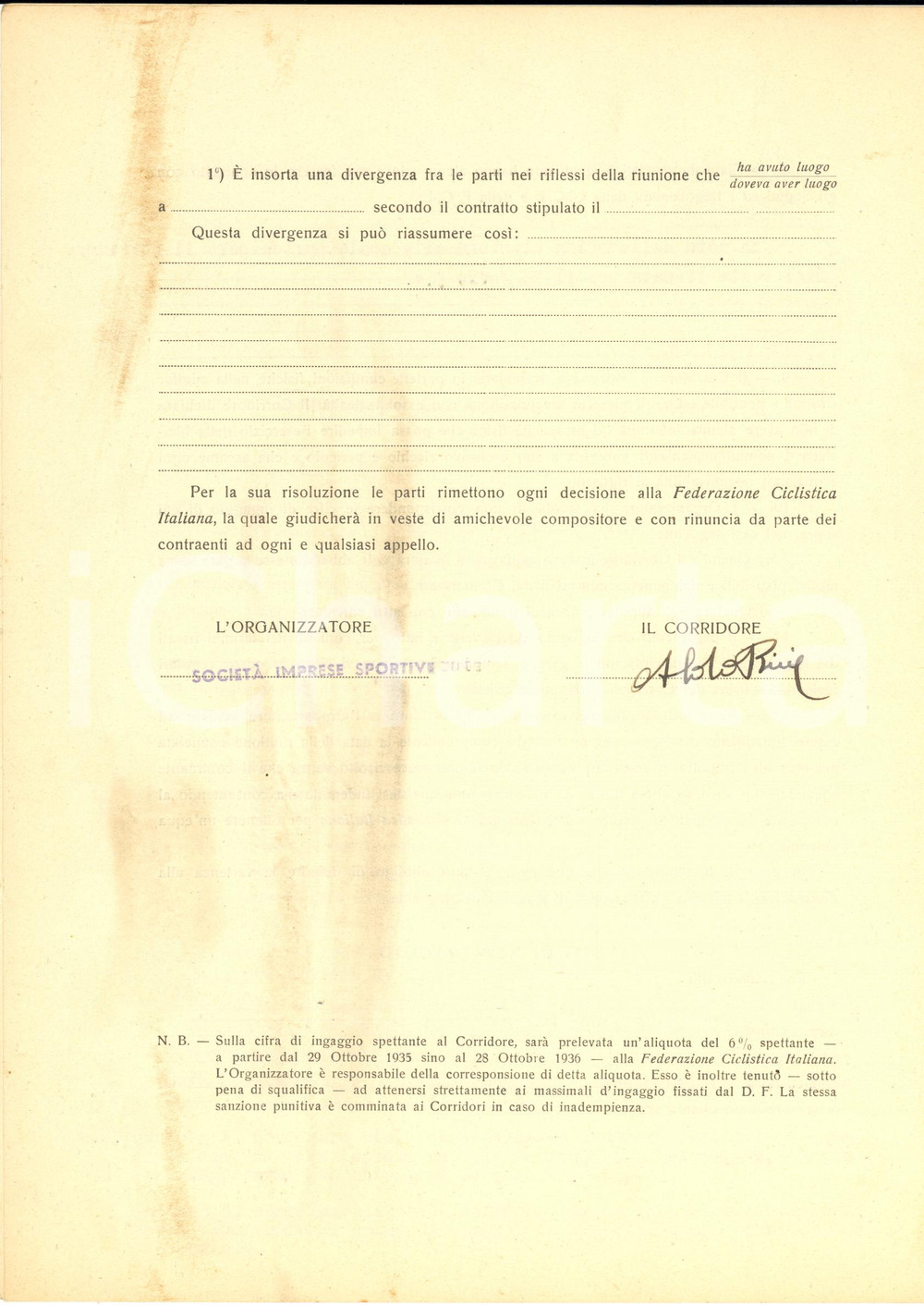 Autografo originale 1940 CICLISMO MILANO VIGORELLI  Contratto ingaggio Aldo BINI  Autografo 1