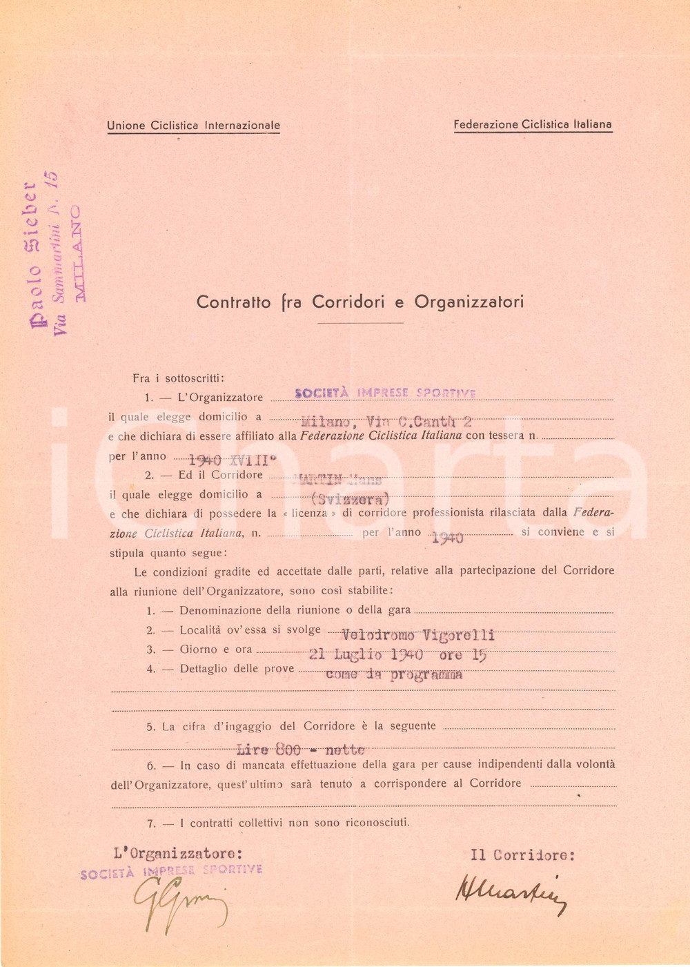 Autografo originale 1940 CICLISMO MILANO VIGORELLI  Contratto ingaggio Hans MARTIN  Autografo 1