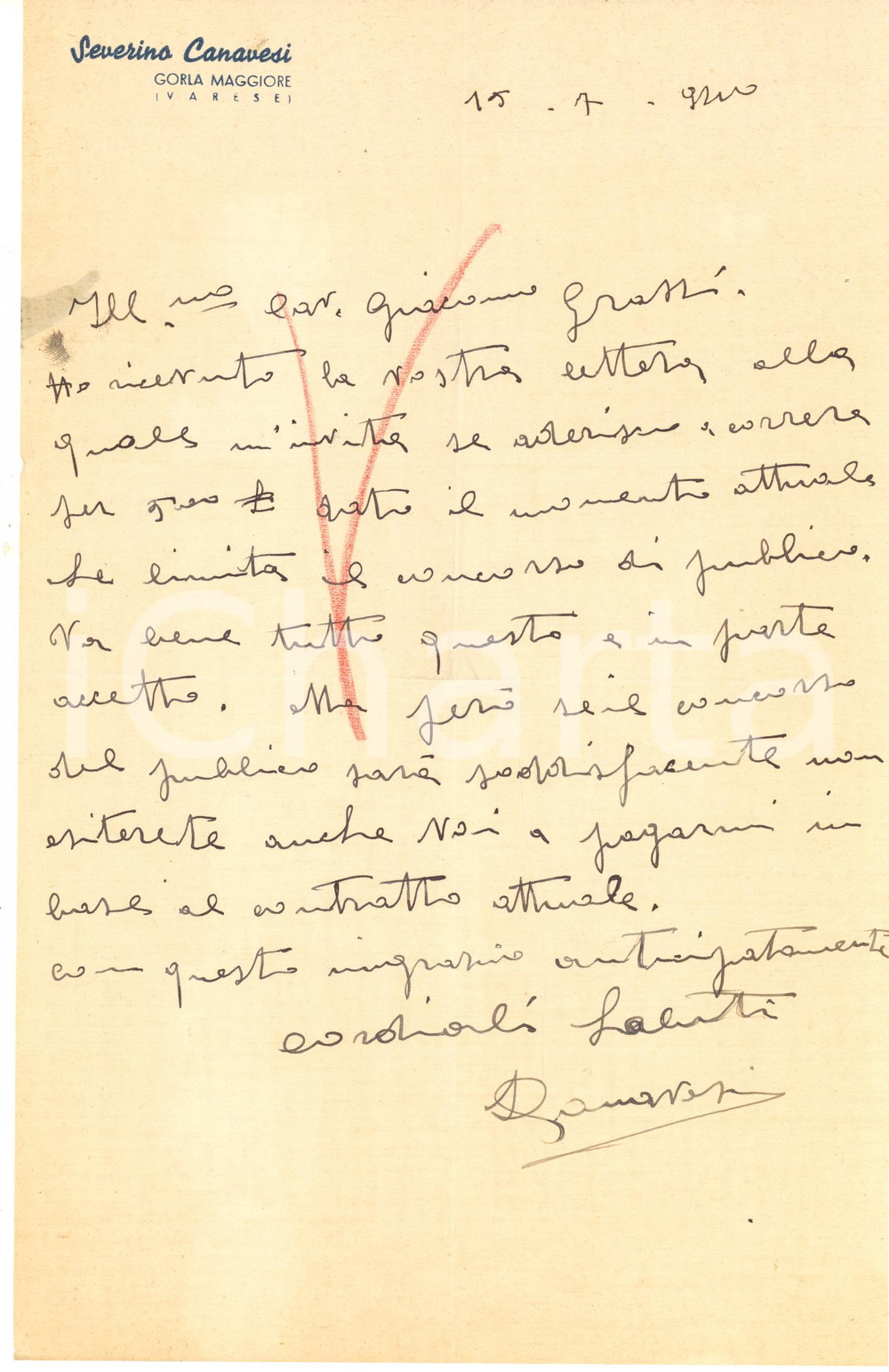 Autografo originale 1940 CICLISMO GORLA MAGGIORE Lettera Severino CANAVESI per gara  AUTOGRAFO 1