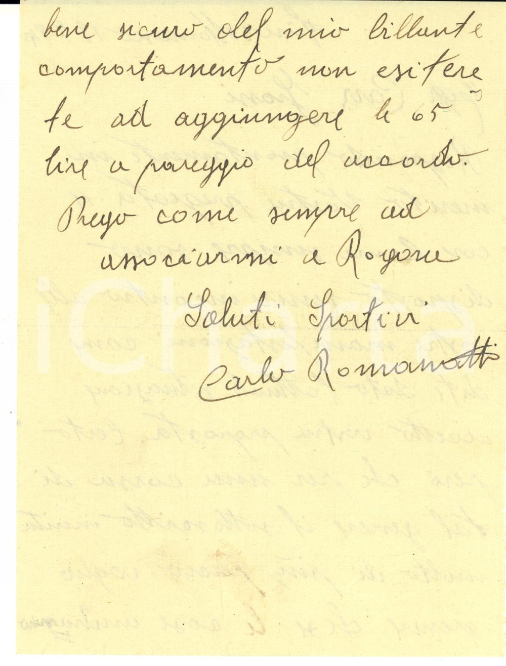 Autografo originale 1940 CICLISMO FINO MORNASCO Lettera Carlo ROMANATTI per ingaggio  AUTOGRAFO 1