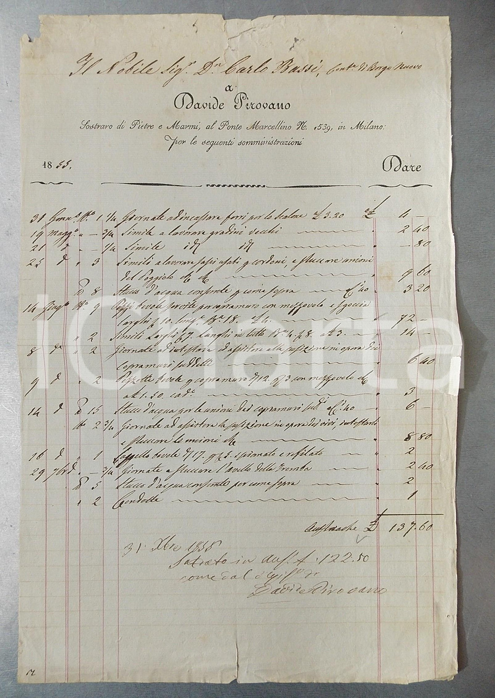 Documento originale, autentico 1855 MILANO Conto Davide PIROVANO sostraro pietre e marmi Manoscritto 1