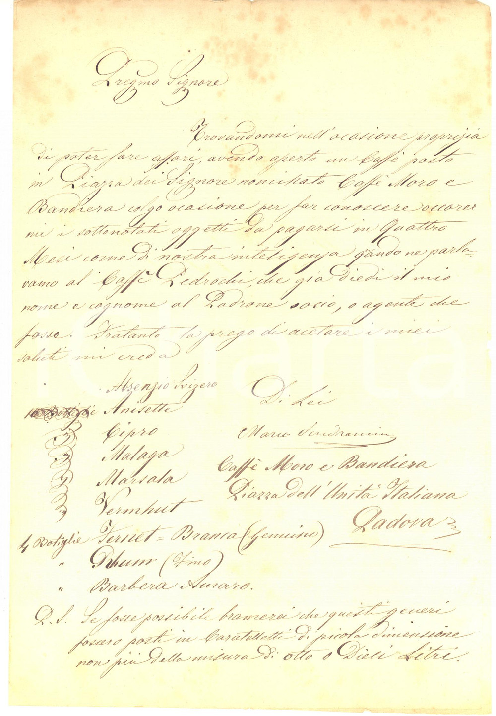 Documento originale, autentico 1867 PADOVA Marco VENDRAMIN ordina liquori per CaffÃ¨ MORO E BANDIERA Lettera 1