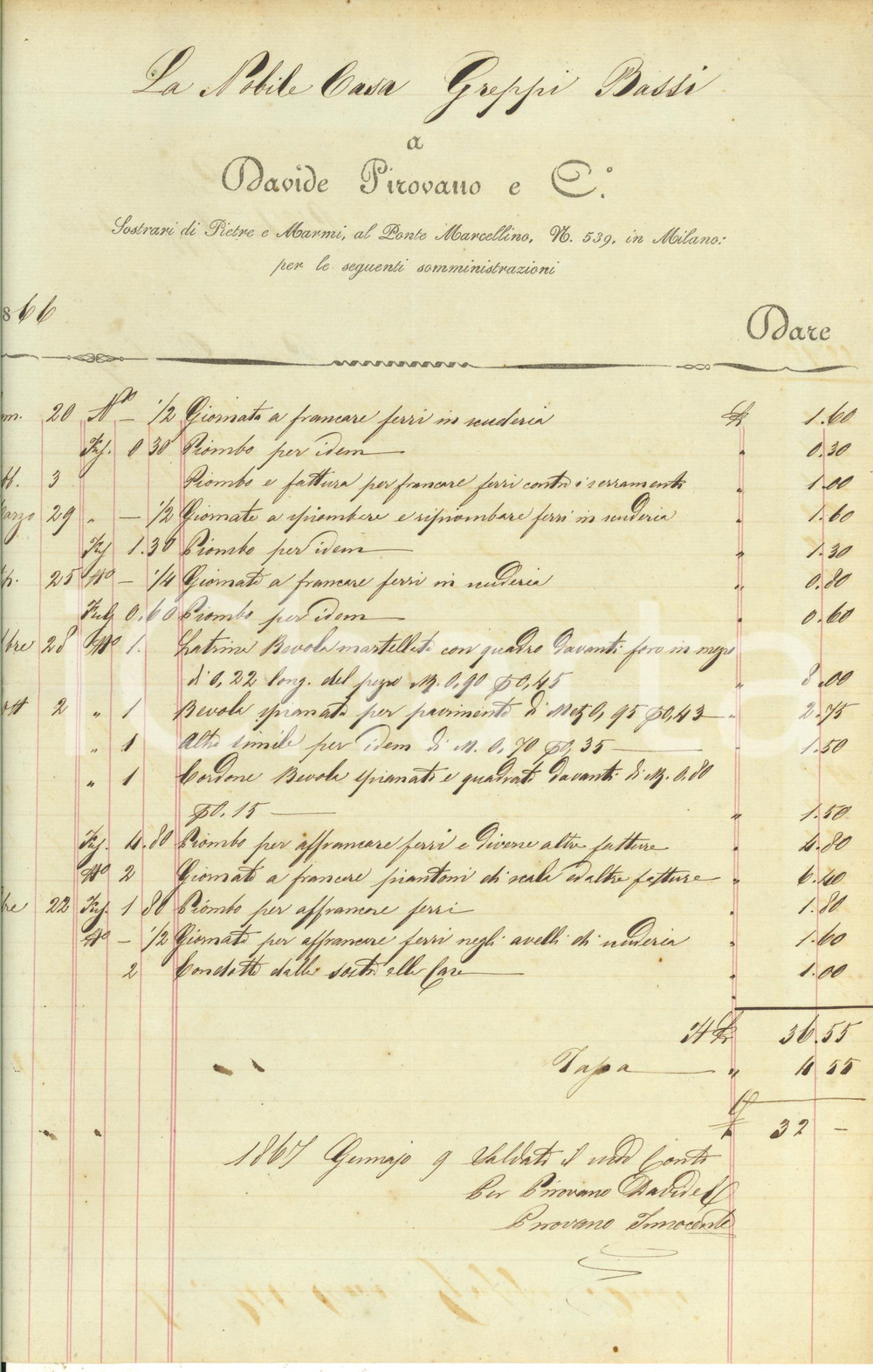 Documento originale, autentico 1866 MILANO Conto Davide PIROVANO sostraro a Giuseppe Bassi  Manoscritto 1