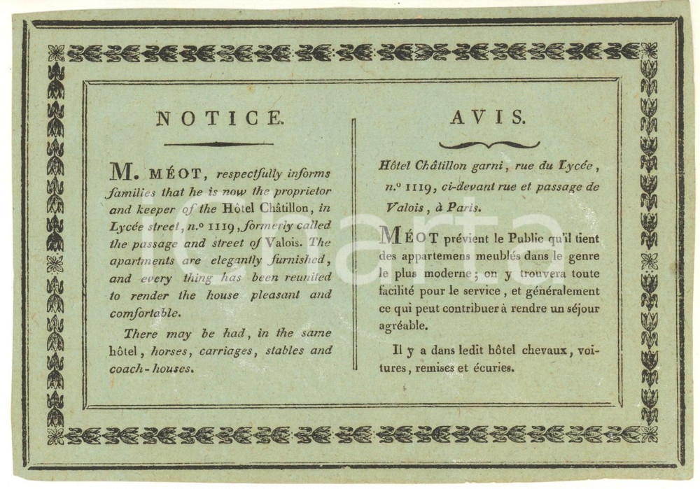 Documento originale, autentico 1830 ca PARIS Rue du LycÃ©e  Hotel CHATILLON proprietario MEOT  Biglietto 1