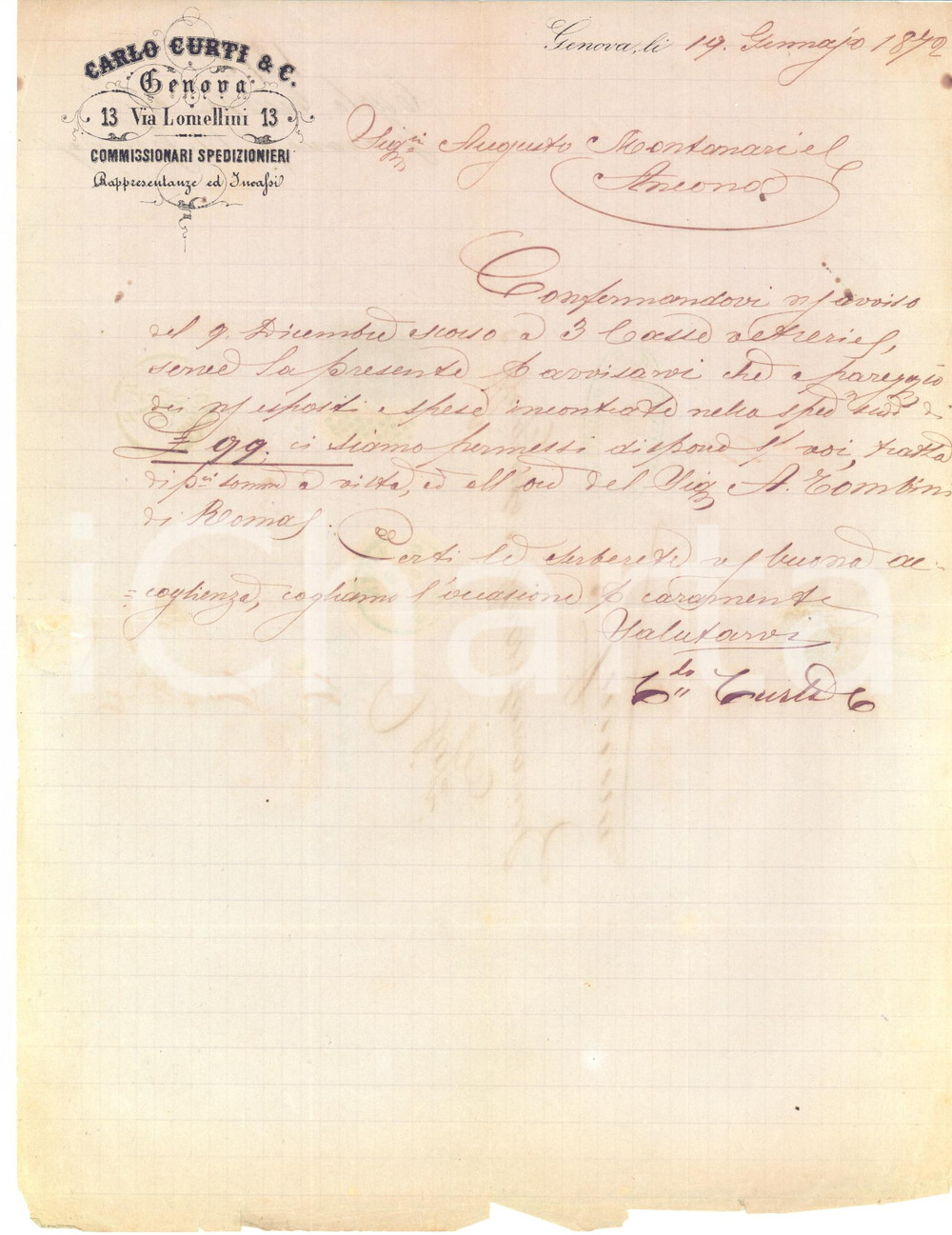Documento originale, autentico 1872 GENOVA Lettera Carlo CURTI & C. commissari spedizionieri Prefilatelica 1