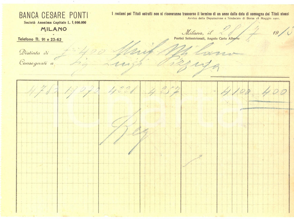 Documento originale, autentico 1913 MILANO Banca Cesare PONTI  Distinta per prelevamento contanti 1