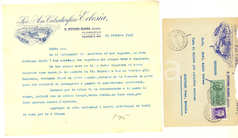 Manoscritto, lettera originale 1943 SAN VITTORE OLONA Soc. An. Calzaturificio ECLESIA  Lettera a Gaddo Treves 1