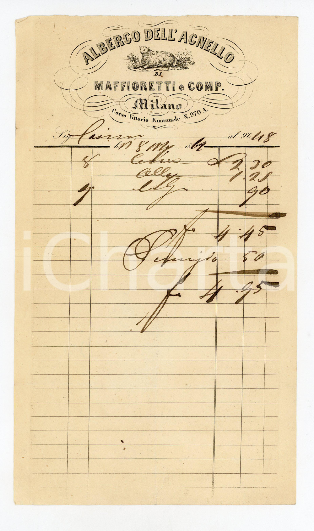 Documento originale, autentico 1862 MILANO Albergo dell Agnello di MAFFIORETTI & C.  Fattura intestata 1