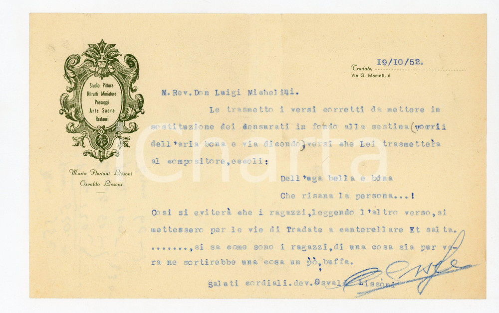 Documento originale, autentico 1952 TRADATE Lettera Osvaldo LISSONI per sostituzione versi  Studio Pittura 1