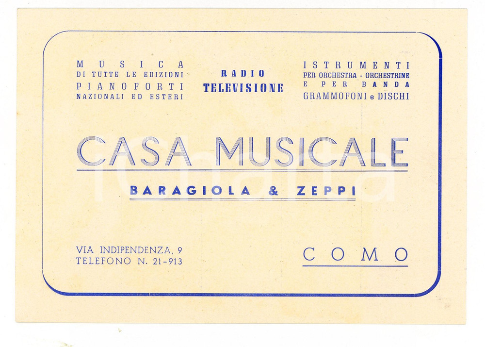 Documento originale, autentico 1950 ca COMO Casa Musicale BARAGIOLA & ZEPPI  Cartoncino raccolta punti 1