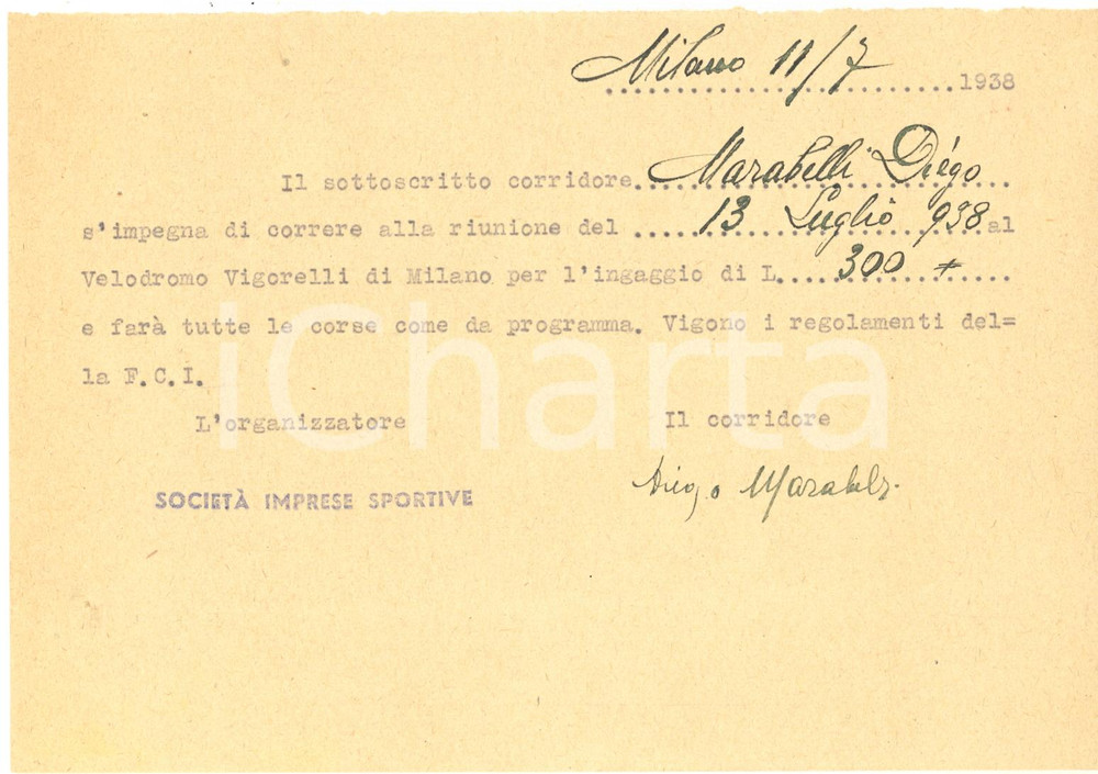 Autografo originale 1938 CICLISMO MILANO Velodromo VIGORELLI  Ingaggio Diego MARABELLI  Autografo 1