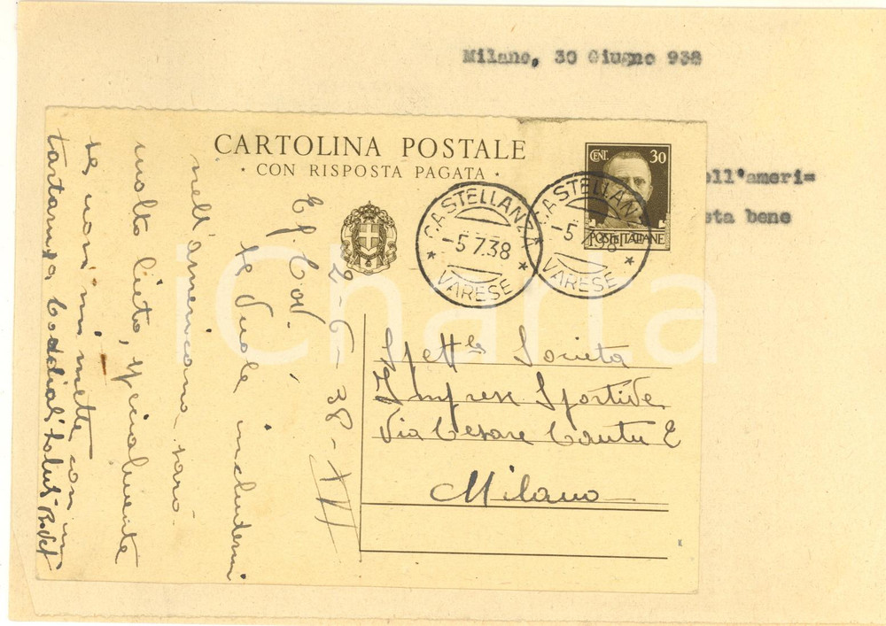 Autografo originale 1938 CICLISMO CASTELLANZA Cartolina Alfredo BOVET per gara  AUTOGRAFO 1