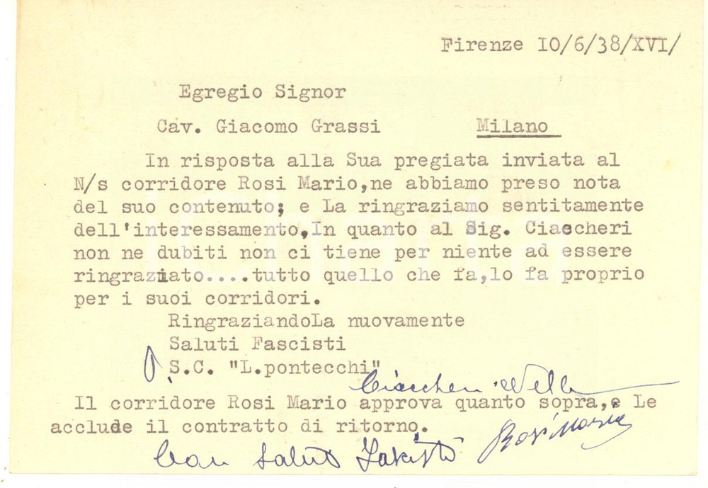 Autografo originale 1938 CICLISMO FIRENZE SocietÃ  PONTECCHI  Cartolina Nello CIACCHERI  AUTOGRAFO 1