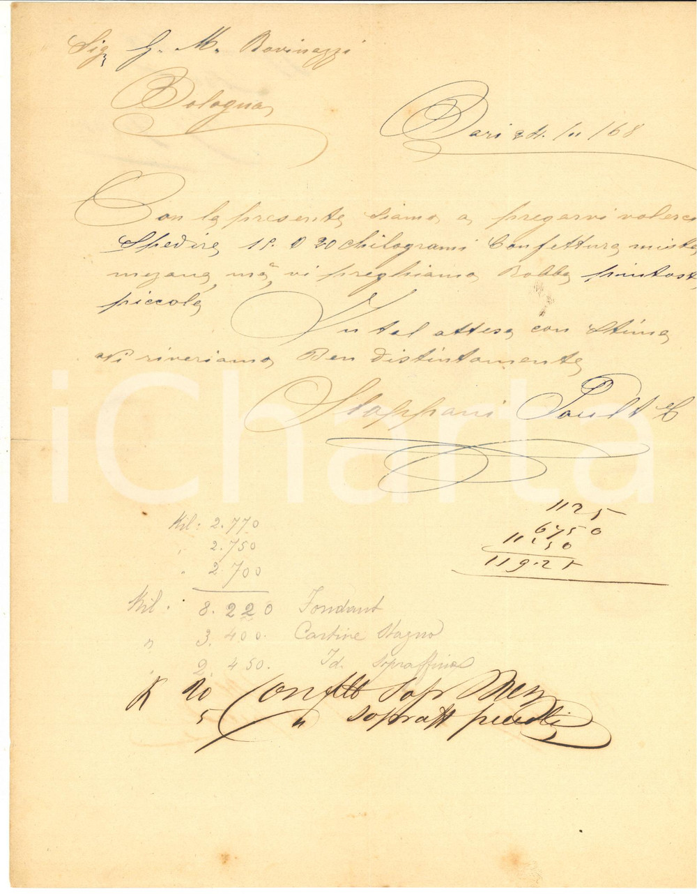 Manoscritto, lettera originale 1868 BARI Lettera ditta STOPPANI & POULT per ordine confettura  Prefilatelica 1